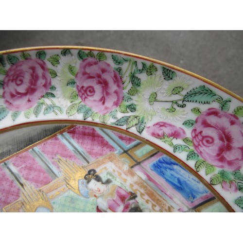 493 - Canton famille rose plate painted with figures, 25cm diameter, Chinese saucer dish, two pottery teap... 