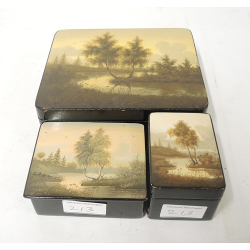 213 - Group of three various Russian lacquered boxes, the lids painted with river landscapes