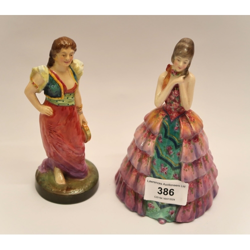 386 - 1930's Crinoline lady figure, together with another porcelain figure of a girl with a tambourine