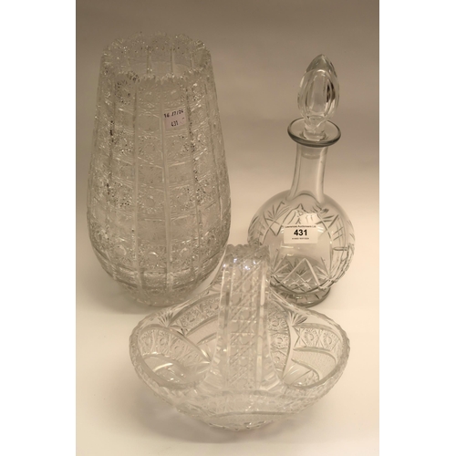 431 - Good quality cut glass flower vase, basket shaped vase and a decanter