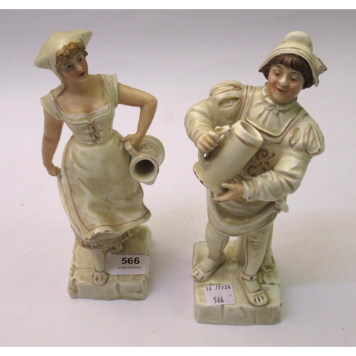 566 - Pair of Continental matt glazed figures with beer steins (at fault)