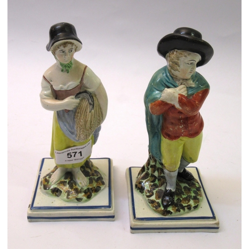 571 - Pair of early Staffordshire figures of farm workers, 18cm high