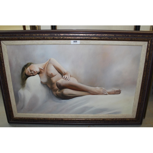 869 - Paul Apps, oil on Masonite, reclining female nude, signed, signed again verso, 35 x 60cm, framed