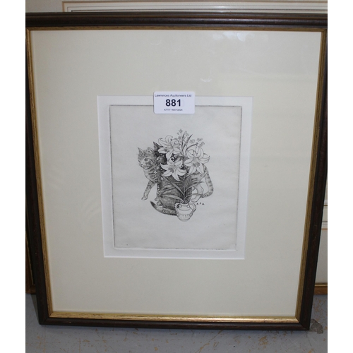 881 - Robert Sargeant Austin, small framed engraving ' Cats and Lilies ', signed within the plate, 14.5 x ... 