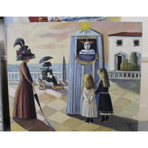 983 - John Ash, oil on canvas, figures on a promenade with children watching an entertainer, signed, 76 x ... 