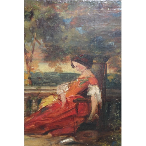 995 - Follower of R.P. Bonington, oil on canvas laid down on board, lady seated on a balcony, unsigned, 23... 