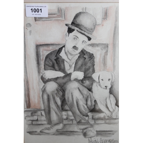 1001 - Pencil and watercolour sketch, Charlie Chaplin, signed indistinctly, 30 x 20cm, framed, together wit... 