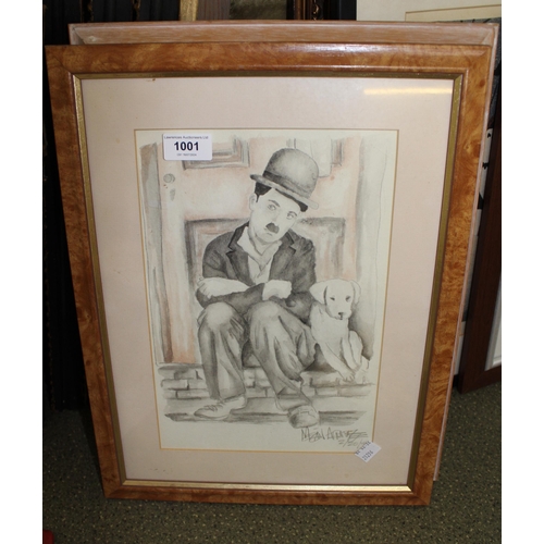 1001 - Pencil and watercolour sketch, Charlie Chaplin, signed indistinctly, 30 x 20cm, framed, together wit... 