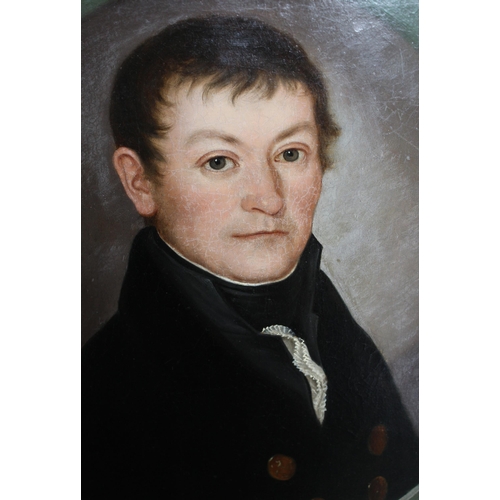 1017 - 19th Century oil on canvas, head and shoulder portrait of a seated gentleman in a black jacket, fram... 