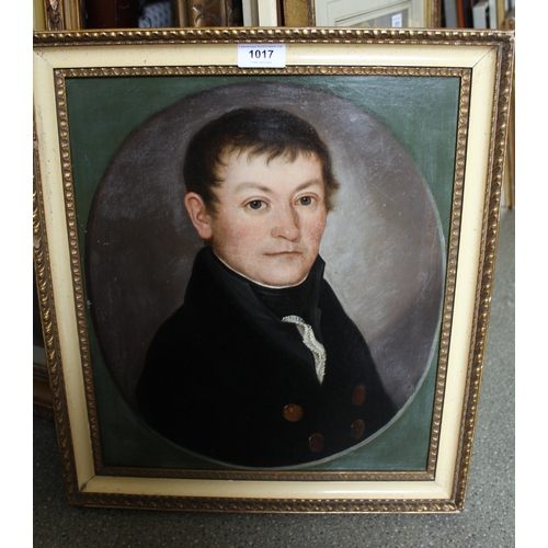 1017 - 19th Century oil on canvas, head and shoulder portrait of a seated gentleman in a black jacket, fram... 