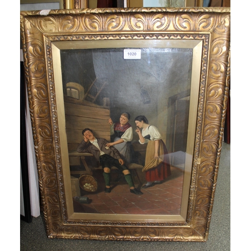 1020 - 19th Century Continental school, oil on canvas, figures in an interior pickpocketing an envelope, un... 