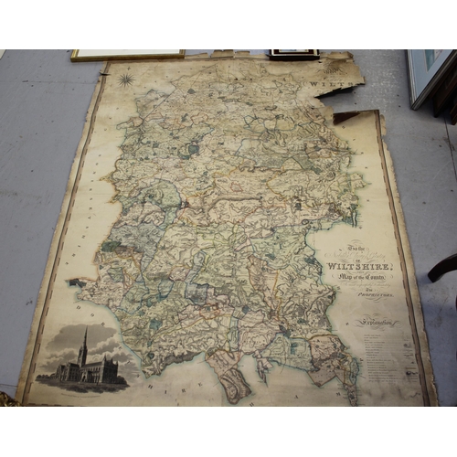 1060 - Early 19th Century hand coloured map of Wiltshire by C. Greenwood, dated 1820 (at fault), backed wit... 