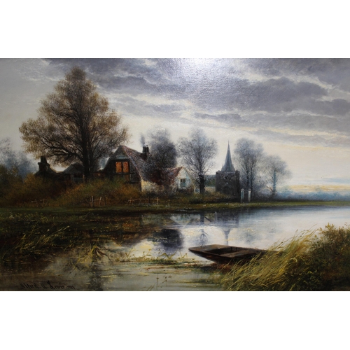 1064 - Alfred A. Lewis, pair of large oil paintings on canvas, river scenes at dusk, signed, 60 x 106cm