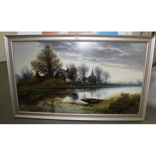 1064 - Alfred A. Lewis, pair of large oil paintings on canvas, river scenes at dusk, signed, 60 x 106cm