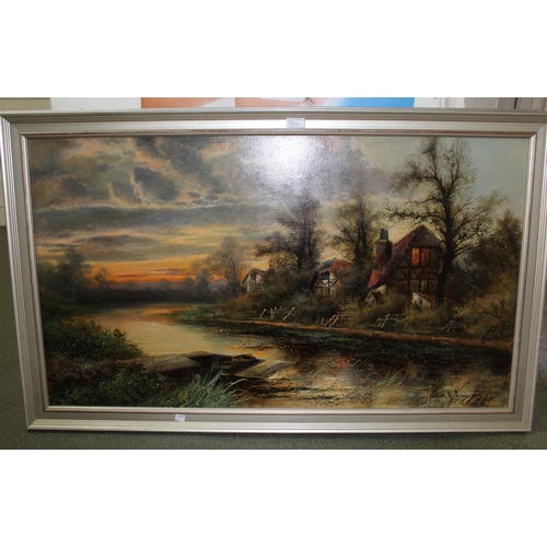 1064 - Alfred A. Lewis, pair of large oil paintings on canvas, river scenes at dusk, signed, 60 x 106cm