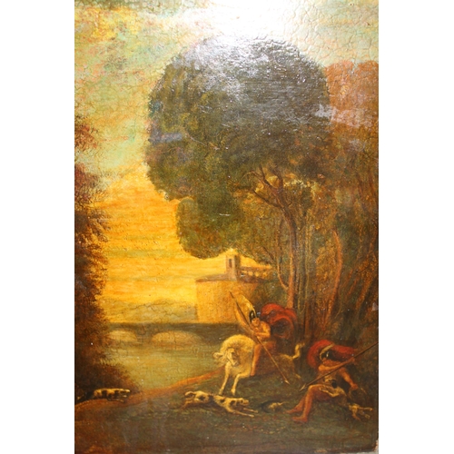 1069 - 19th Century oil on panel, Romans hunting in a landscape, unframed, 41 x 29cm