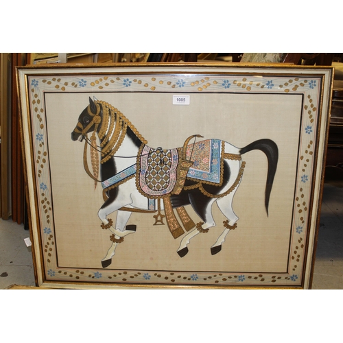 1085 - Indian painting on silk, a processional horse, 52 x 67cm, gilt framed, together with a smaller gilt ... 