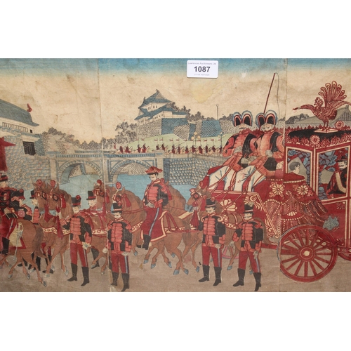 1087 - Japanese Meiji period triptych print of Emperor Shogetsu carriage, 33 x70cm, gilt framed