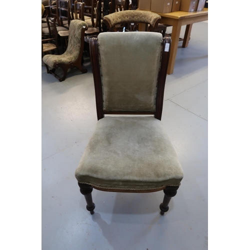 1192 - Set of five mahogany dining chairs, having padded backs & overstuffed seats, on turned tapering fron... 