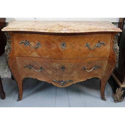 1195 - French kingwood marquetry and ormolu mounted commode, its marble top above two drawers on cabriole s... 