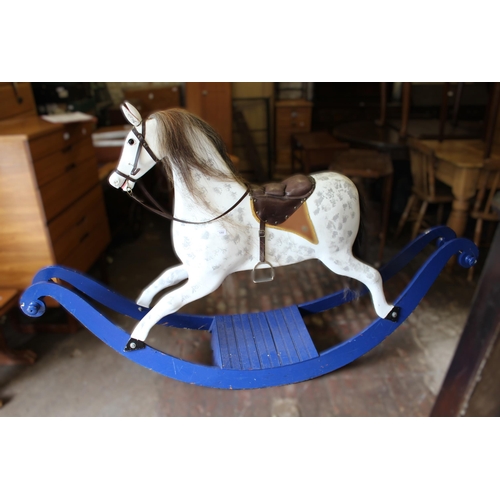 1202 - Large modern dapple grey rocking horse on blue stand (for restoration), 90cm high to saddle x 210cm ... 