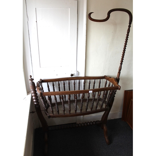 1213 - 19th Century Continental fruitwood cradle with bobbin turned uprights and stretcher