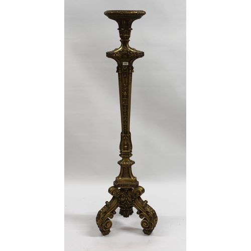 1243 - Early 20th Century carved and gilded torchere in antique style, with tripod base, 134cm high (small ... 