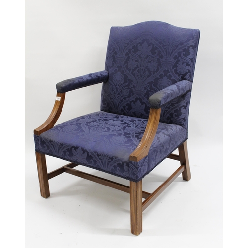 1246 - Pair of reproduction mahogany Gainsborough type open elbow chairs having blue damask upholstery, on ... 