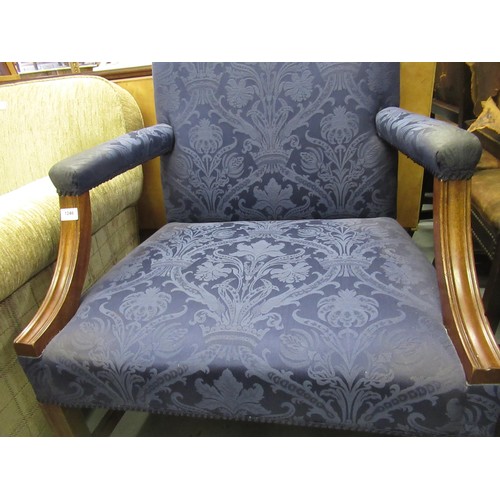 1246 - Pair of reproduction mahogany Gainsborough type open elbow chairs having blue damask upholstery, on ... 