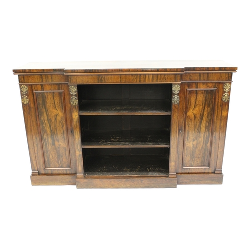 1285 - Regency rosewood breakfront dwarf bookcase, the figured top above a plain frieze and open adjustable... 