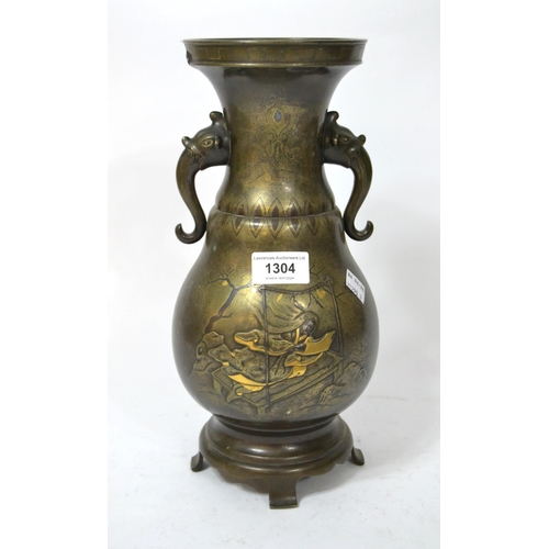 1304 - 19th Century bronze patinated two handled baluster form vase with gold and silver overlay depicting ... 