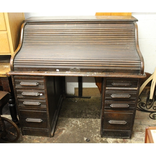 1346 - Early 20th Century oak roll top desk retailed by Harrods, 124cm wide x 84cm deep x 114cm high