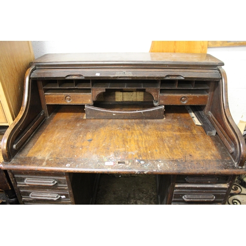 1346 - Early 20th Century oak roll top desk retailed by Harrods, 124cm wide x 84cm deep x 114cm high