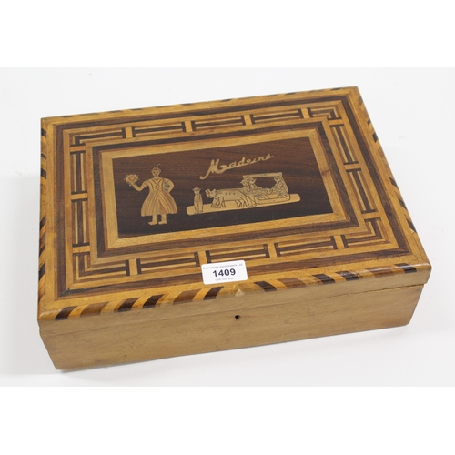 1409 - Inlaid exotic hardwood ' Madeira ' sewing box with fitted interior, 35 x 25 x 10cm high