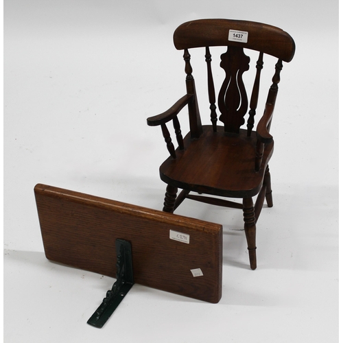 1437 - Miniature mahogany stickback kitchen armchair, together with an oak metal mounted wall shelf