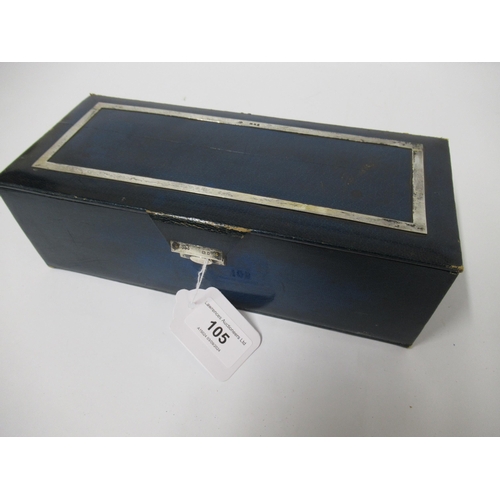 105 - London silver mounted rectangular blue leather bridge scoring and card box with four books and one p... 