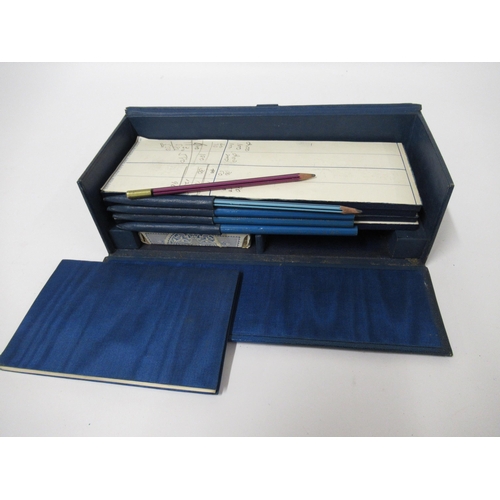 105 - London silver mounted rectangular blue leather bridge scoring and card box with four books and one p... 