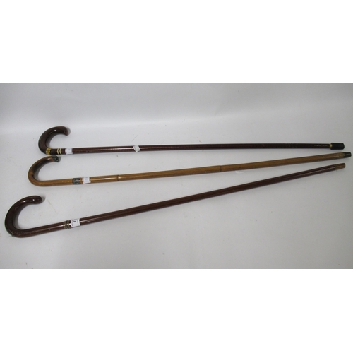 137 - Two walking canes with silver collars, together with another with gilt metal collar