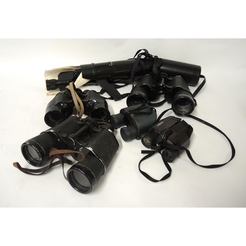 155 - Russian monocular with handle and case, two pairs of leather cased binoculars (one by Ross), two mod... 