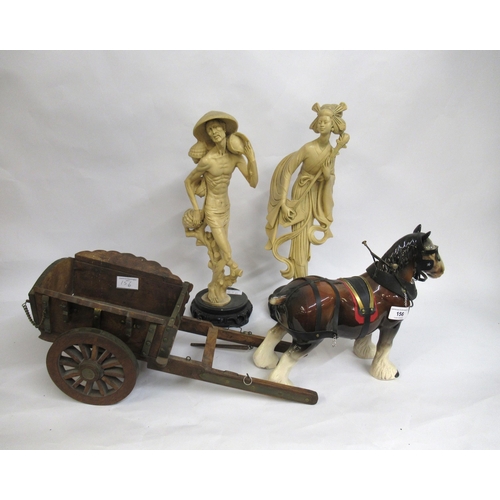 156 - Wooden brass mounted cart with porcelain horse and a pair of Oriental resin figures