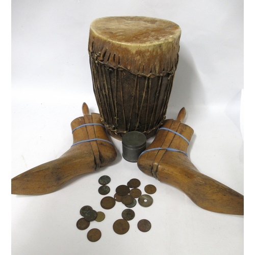 157 - Pair of beechwood shoe trees, small tin containing a quantity of various world coins and an African ... 