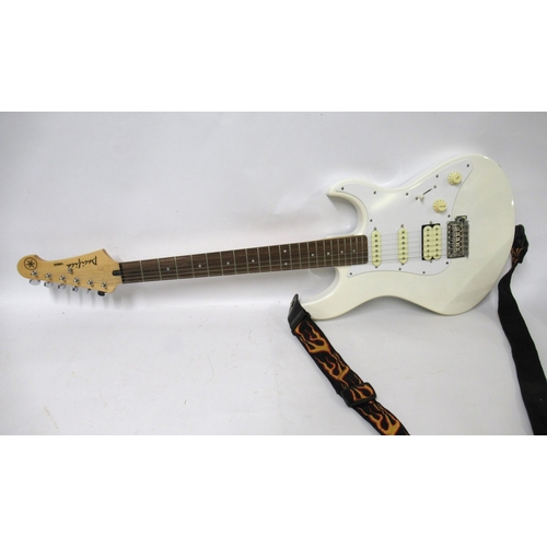 159 - Yamaha Pacifica six string electric guitar in fender style with white body and soft carry case