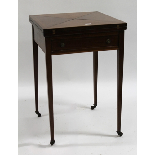 1692 - Edwardian mahogany and satinwood crossbanded envelope card table, with a single drawer on square tap... 