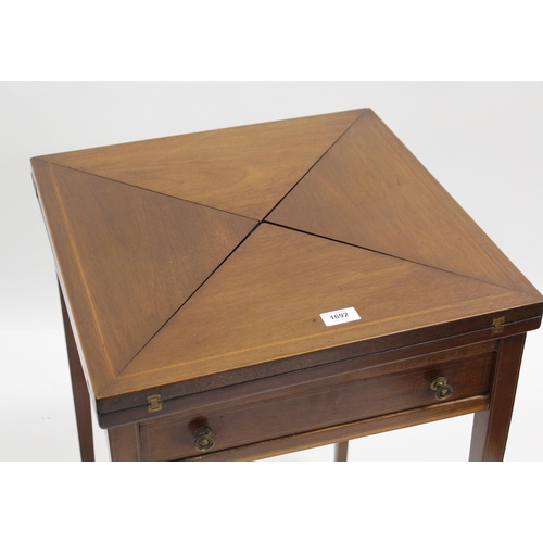 1692 - Edwardian mahogany and satinwood crossbanded envelope card table, with a single drawer on square tap... 