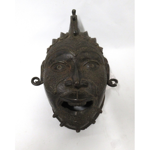 171 - Antique African Benin Edo kingdom bronze mask, 35cm high