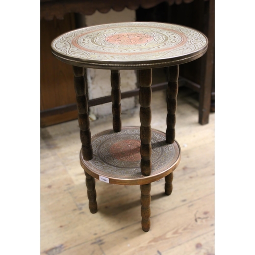 1736 - Benares circular brass topped occasional table, with matching undertier on bobbin turned supports, 5... 