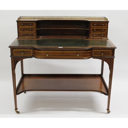 1741 - Edwardian mahogany line inlaid and crossbanded semi bow fronted desk, the superstructure of drawers ... 