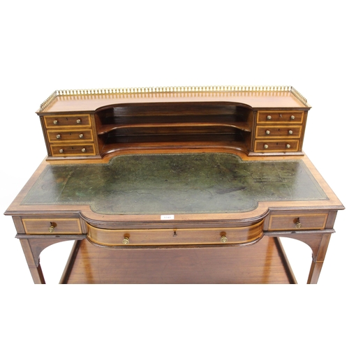 1741 - Edwardian mahogany line inlaid and crossbanded semi bow fronted desk, the superstructure of drawers ... 