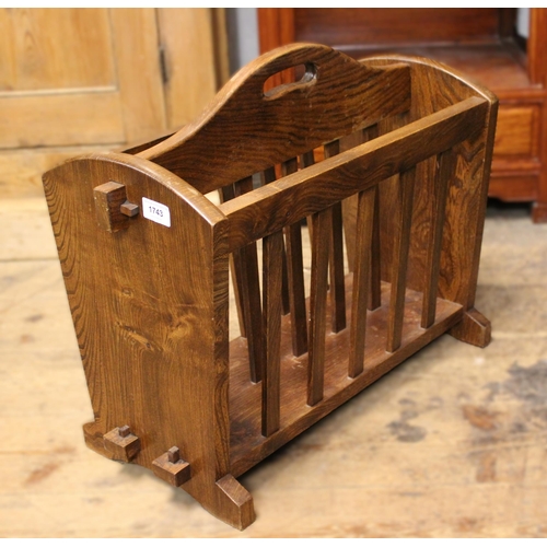 1743 - Late 20th Century oak two division magazine rack, 56 x 28cm, and another oak magazine rack bearing l... 