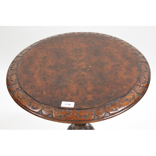 1746 - Victorian figured walnut circular pedestal occasional table on cabriole carved supports, 50cm diamet... 